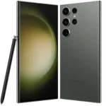 Samsung Galaxy S23 Ultra, front and back view, with the S Pen.