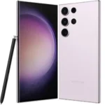 Samsung Galaxy S23 Ultra, front and back view, with the S Pen.